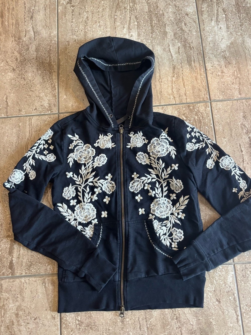 Free People vintage black and white floral embroidered zip up
